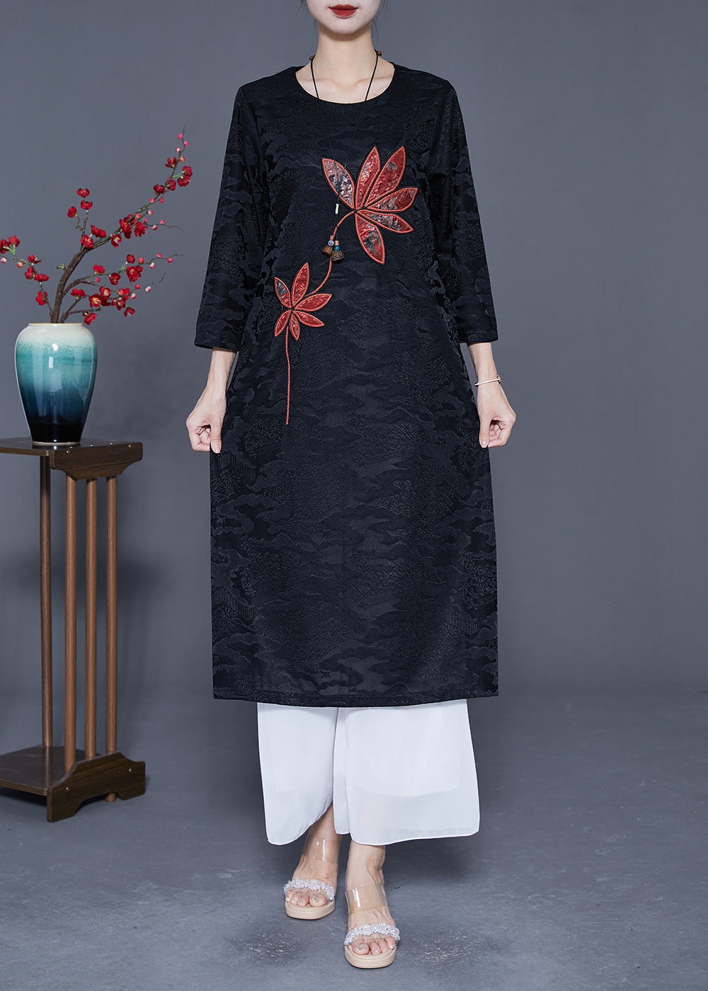 Elegant Black Embroideried Jacquard Silk Dress Bracelet Sleeve LY5372 - fabuloryshop