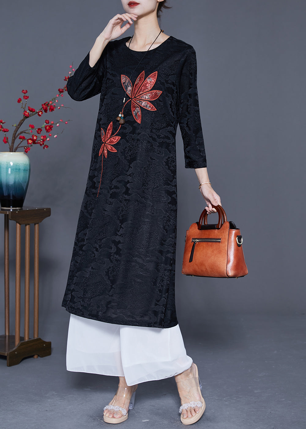 Elegant Black Embroideried Jacquard Silk Dress Bracelet Sleeve LY5372 - fabuloryshop