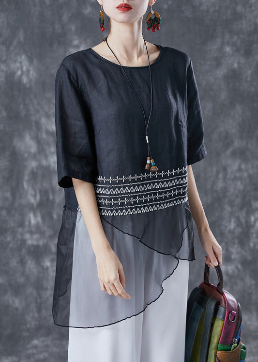 Elegant Black Embroideried Tulle Patchwork Linen Top Summer LY4078 - fabuloryshop