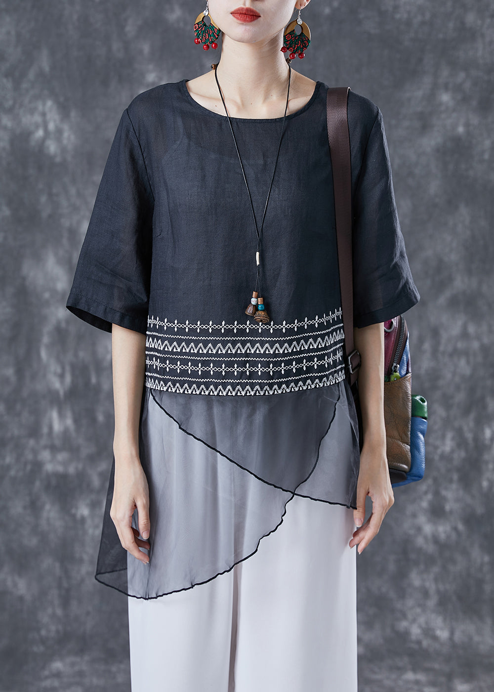 Elegant Black Embroideried Tulle Patchwork Linen Top Summer LY4078 - fabuloryshop
