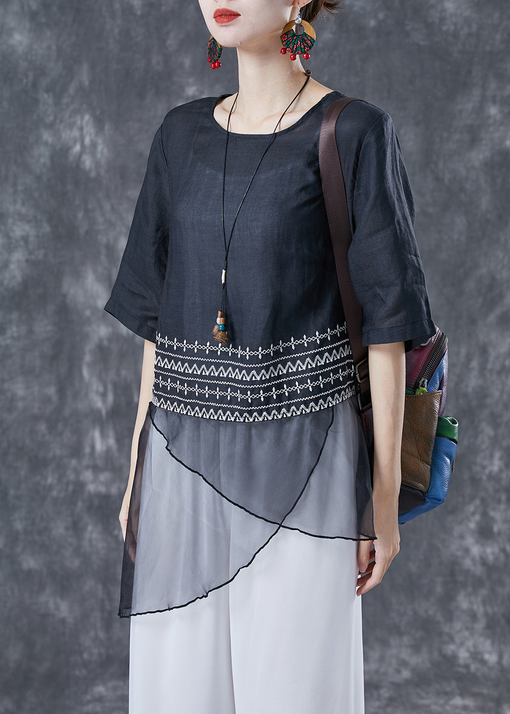 Elegant Black Embroideried Tulle Patchwork Linen Top Summer LY4078 - fabuloryshop