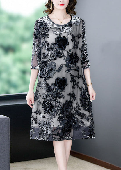 Elegant Black Grey Embroideried Patchwork Silk Dresses Summer Ada Fashion