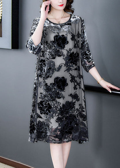 Elegant Black Grey Embroideried Patchwork Silk Dresses Summer Ada Fashion