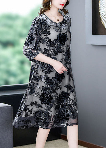 Elegant Black Grey Embroideried Patchwork Silk Dresses Summer Ada Fashion