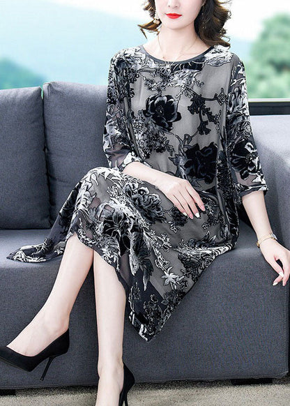 Elegant Black Grey Embroideried Patchwork Silk Dresses Summer Ada Fashion