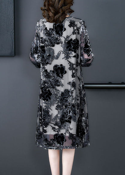 Elegant Black Grey Embroideried Patchwork Silk Dresses Summer Ada Fashion