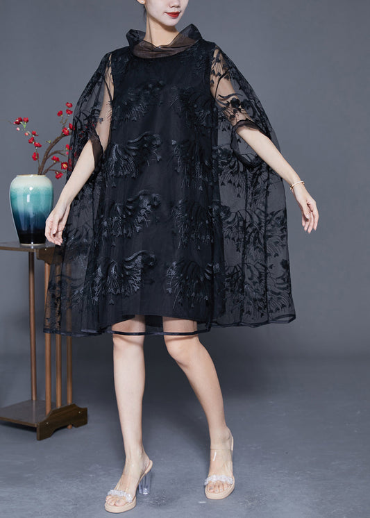 Elegant Black High Neck Embroideried Hollow Out Tulle Dress Cloak Sleeves LY3644