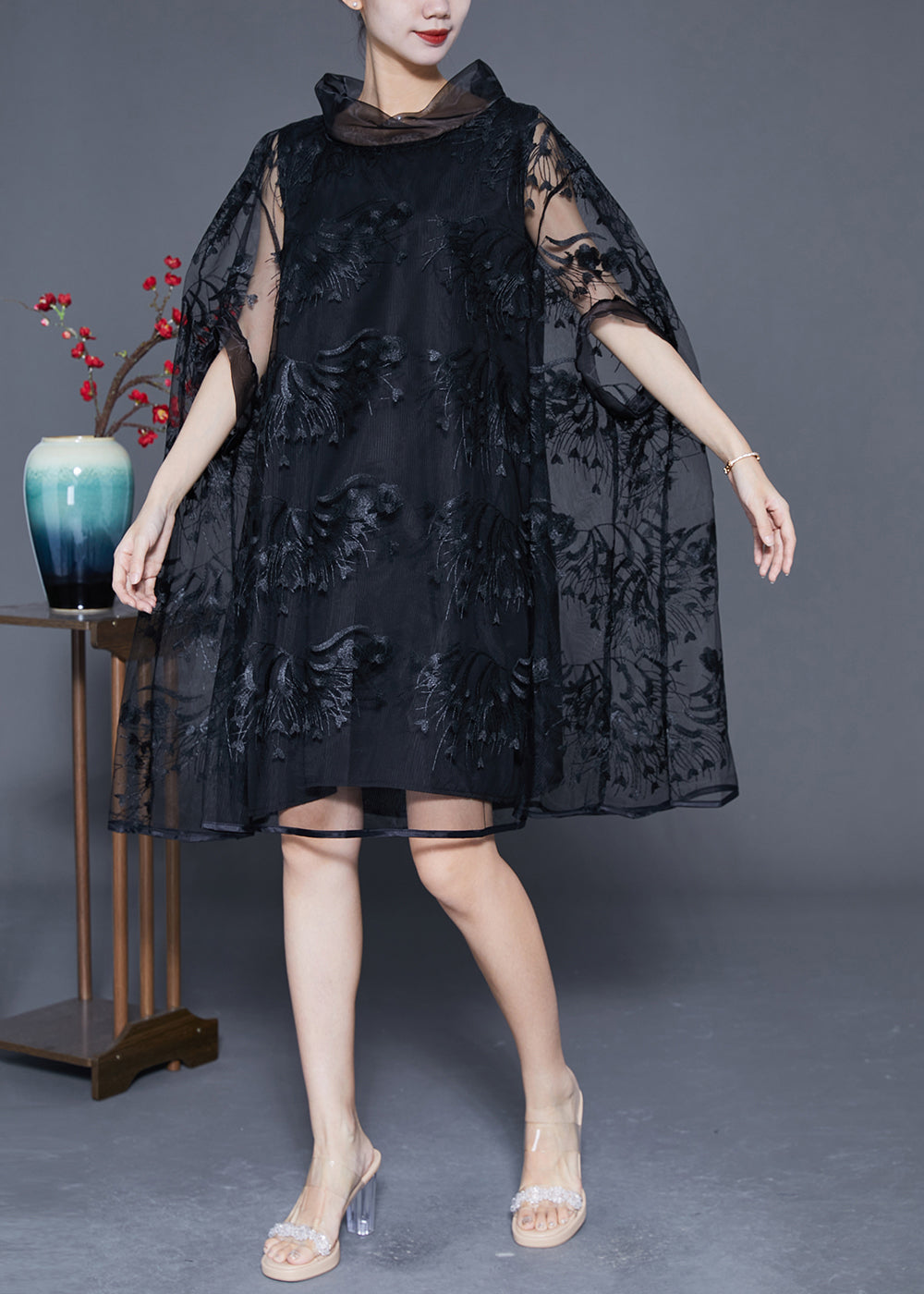 Elegant Black High Neck Embroideried Hollow Out Tulle Dress Cloak Sleeves LY3644 - fabuloryshop