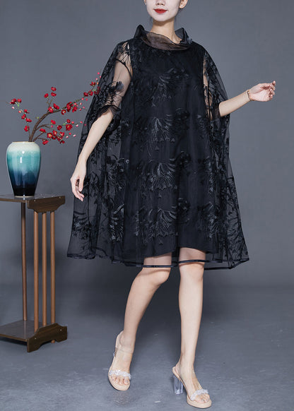 Elegant Black High Neck Embroideried Hollow Out Tulle Dress Cloak Sleeves LY3644 - fabuloryshop