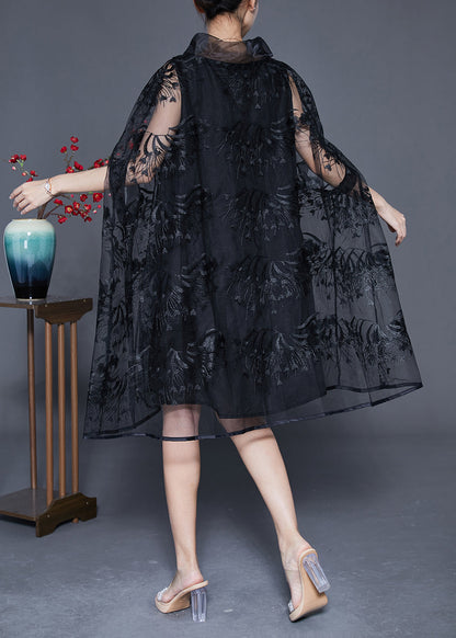 Elegant Black High Neck Embroideried Hollow Out Tulle Dress Cloak Sleeves LY3644 - fabuloryshop