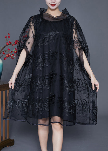 Elegant Black High Neck Embroideried Hollow Out Tulle Dress Cloak Sleeves LY3644 - fabuloryshop