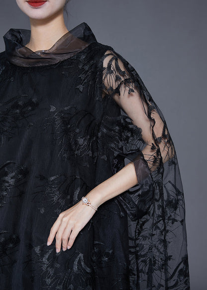 Elegant Black High Neck Embroideried Hollow Out Tulle Dress Cloak Sleeves LY3644 - fabuloryshop