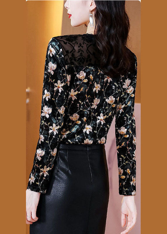 Elegant Black Hollow Out Patchwork Lace Print Silk Velour Shirt Tops Spring LY0057 - fabuloryshop