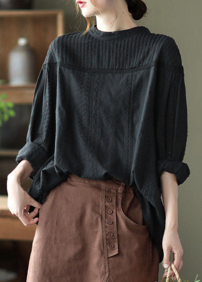 Elegant Black Hollow Out Wrinkled Cotton Shirt Top Spring TG1037 - fabuloryshop