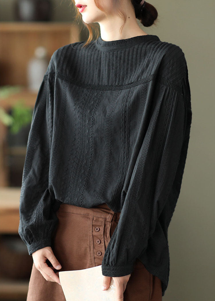 Elegant Black Hollow Out Wrinkled Cotton Shirt Top Spring TG1037 - fabuloryshop