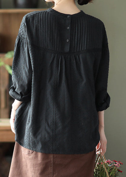 Elegant Black Hollow Out Wrinkled Cotton Shirt Top Spring TG1037 - fabuloryshop