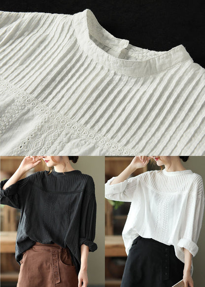 Elegant Black Hollow Out Wrinkled Cotton Shirt Top Spring TG1037 - fabuloryshop