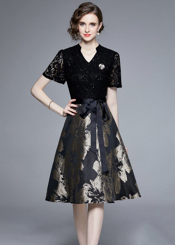 Elegant Black Lace Jacquard Patchwork Tie Waist Silk Mid Dress Summer LY7449 - fabuloryshop