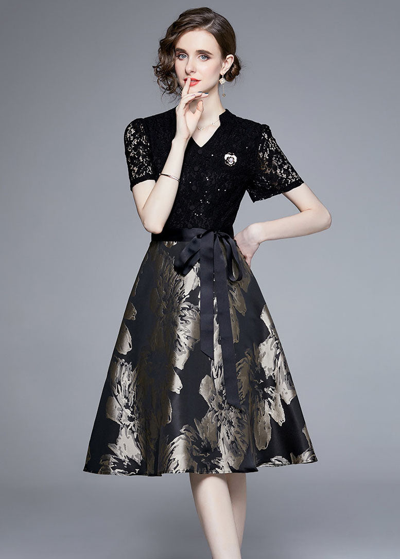 Elegant Black Lace Jacquard Patchwork Tie Waist Silk Mid Dress Summer LY7449 - fabuloryshop