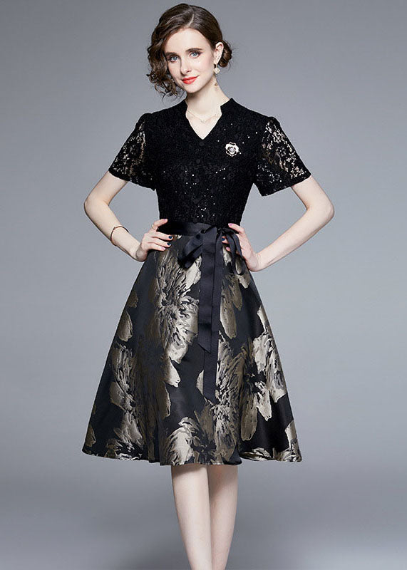 Elegant Black Lace Jacquard Patchwork Tie Waist Silk Mid Dress Summer LY7449 - fabuloryshop