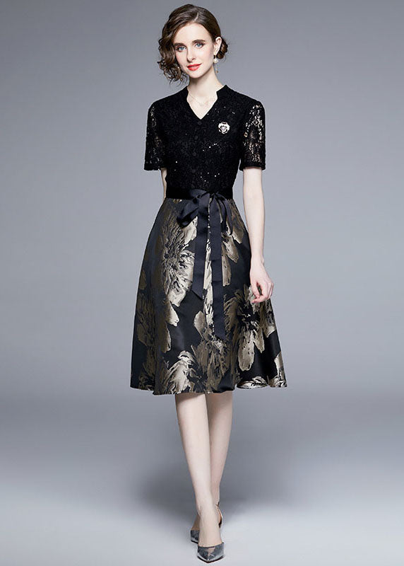 Elegant Black Lace Jacquard Patchwork Tie Waist Silk Mid Dress Summer LY7449 - fabuloryshop