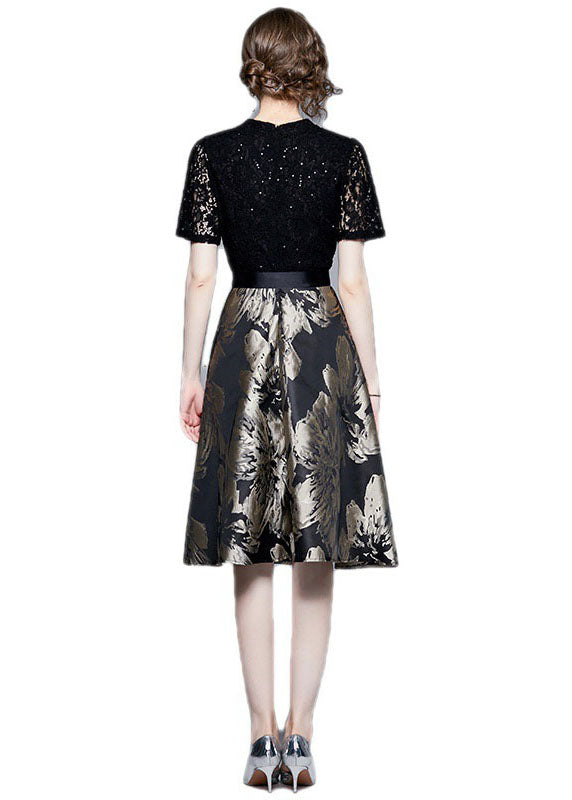 Elegant Black Lace Jacquard Patchwork Tie Waist Silk Mid Dress Summer LY7449 - fabuloryshop