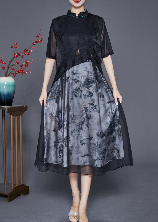 Elegant Black Mandarin Collar Patchwork Print Chiffon Dresses Summer Ada Fashion