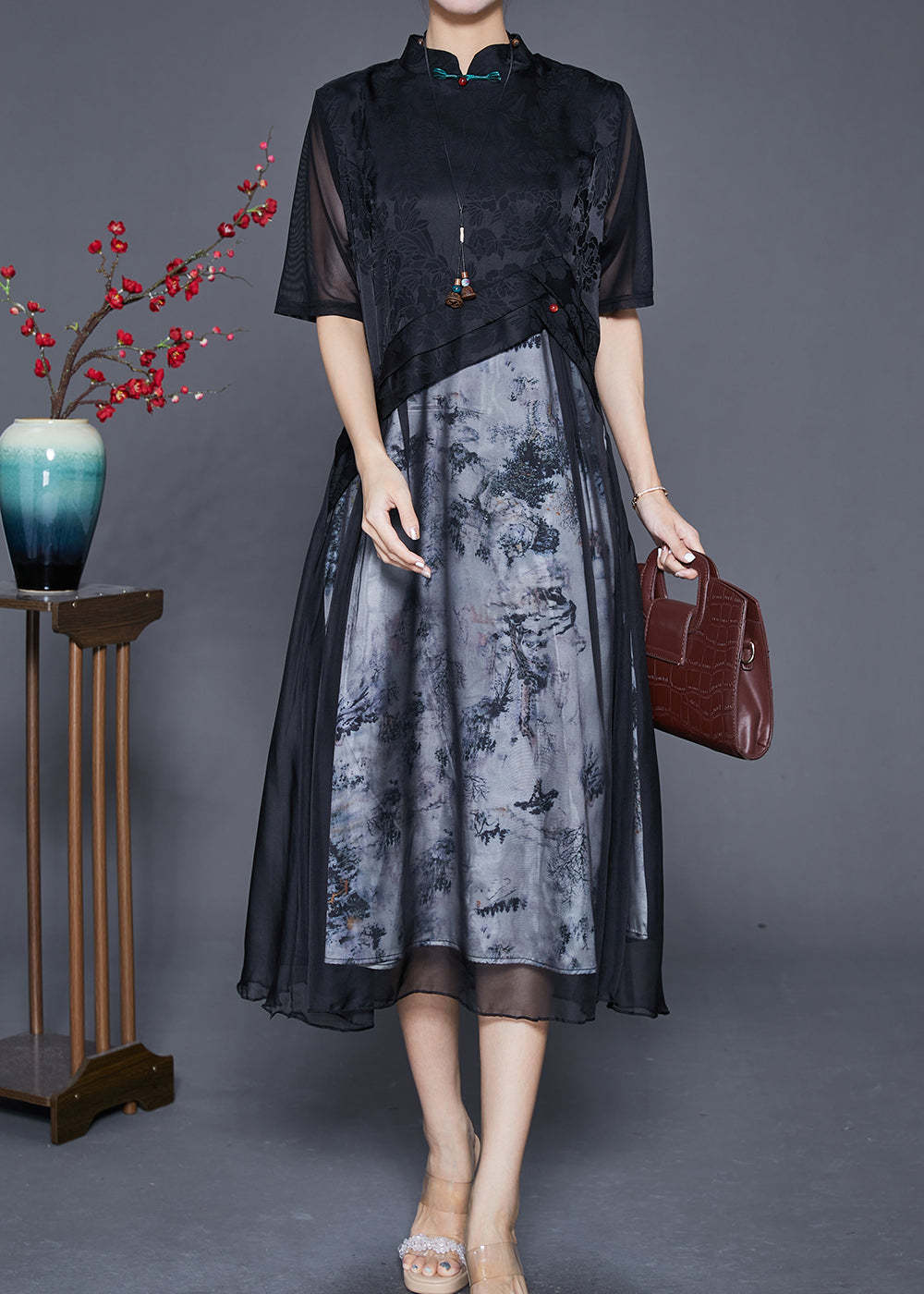 Elegant Black Mandarin Collar Patchwork Print Chiffon Dresses Summer Ada Fashion