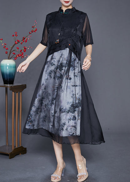 Elegant Black Mandarin Collar Patchwork Print Chiffon Dresses Summer Ada Fashion