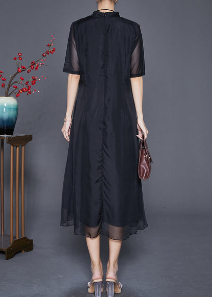 Elegant Black Mandarin Collar Patchwork Print Chiffon Dresses Summer Ada Fashion