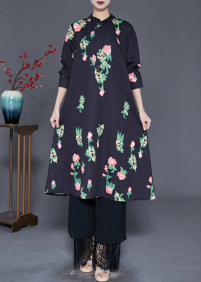 Elegant Black Mandarin Collar Print A Line Dress Fall Ada Fashion