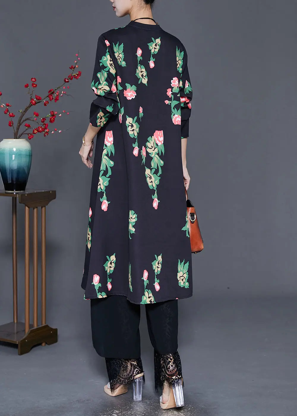 Elegant Black Mandarin Collar Print A Line Dress Fall Ada Fashion