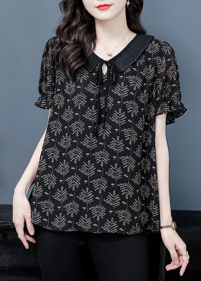 Elegant Black Neck Tie Print Chiffon Top Short Sleeve LY6161 - fabuloryshop