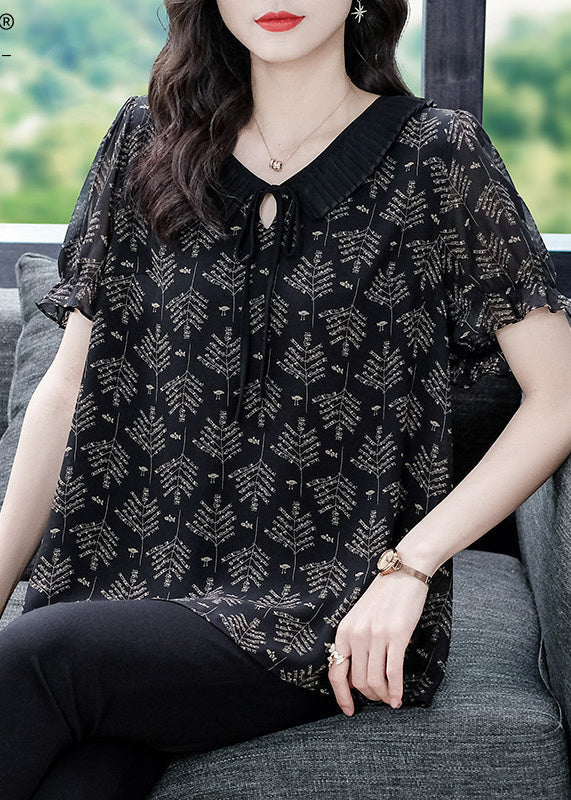 Elegant Black Neck Tie Print Chiffon Top Short Sleeve LY6161 - fabuloryshop