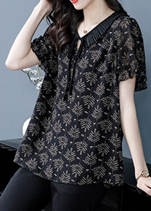 Elegant Black Neck Tie Print Chiffon Top Short Sleeve LY6161 - fabuloryshop