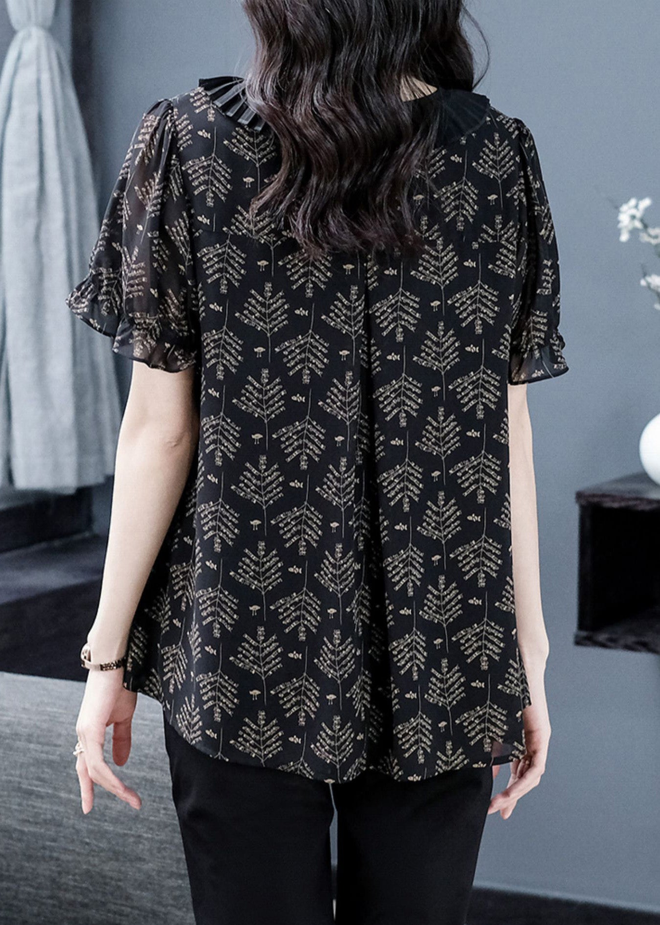 Elegant Black Neck Tie Print Chiffon Top Short Sleeve LY6161 - fabuloryshop