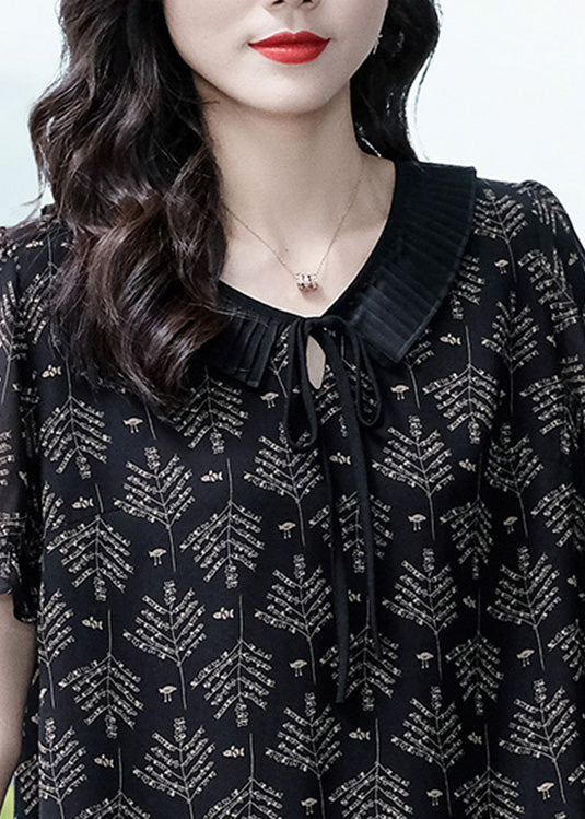 Elegant Black Neck Tie Print Chiffon Top Short Sleeve LY6161 - fabuloryshop