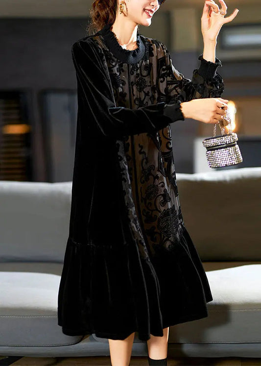 Elegant Black O-Neck Embroidered Patchwork Silk Velour Maxi Dress Long Sleeve Ada Fashion