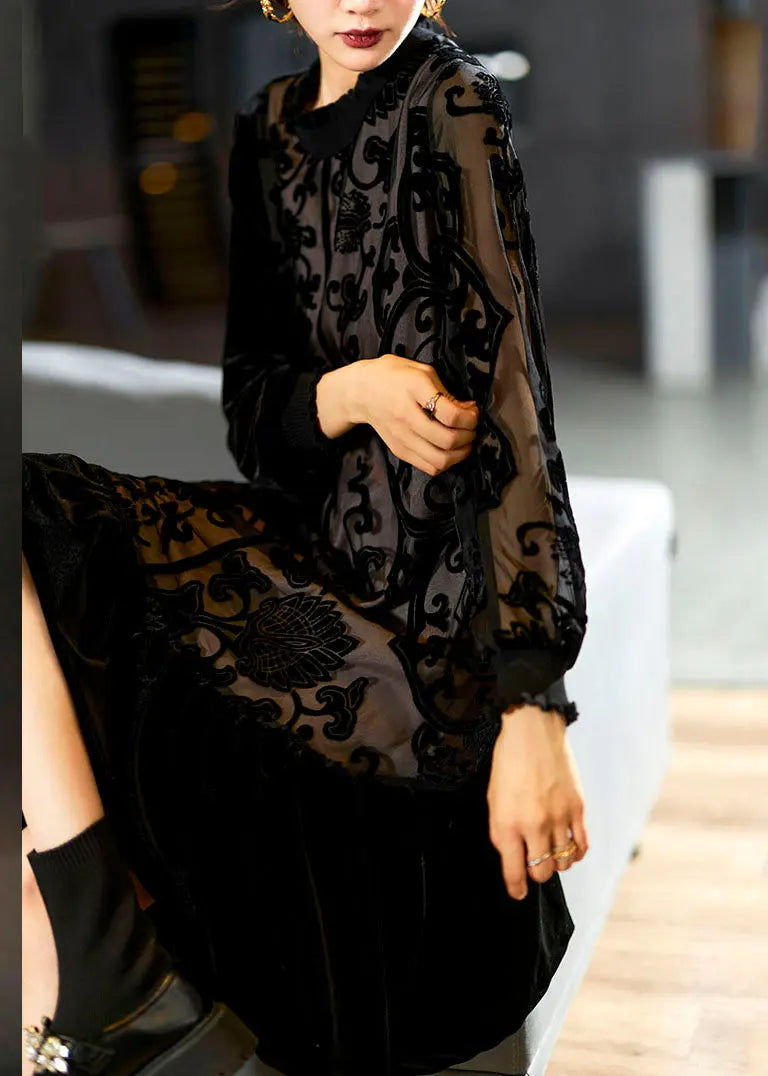 Elegant Black O-Neck Embroidered Patchwork Silk Velour Maxi Dress Long Sleeve Ada Fashion