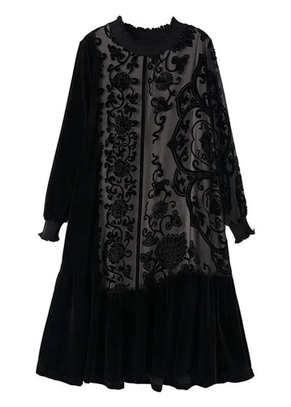 Elegant Black O-Neck Embroidered Patchwork Silk Velour Maxi Dress Long Sleeve Ada Fashion