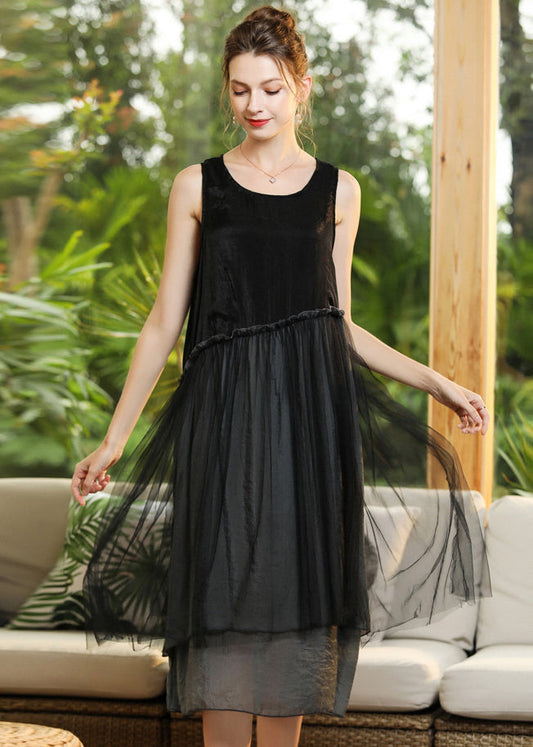 Elegant Black O-Neck Patchwork Tulle Long Dresses Sleeveless LY0283 - fabuloryshop