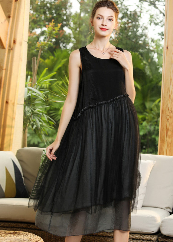 Elegant Black O-Neck Patchwork Tulle Long Dresses Sleeveless LY0283 - fabuloryshop