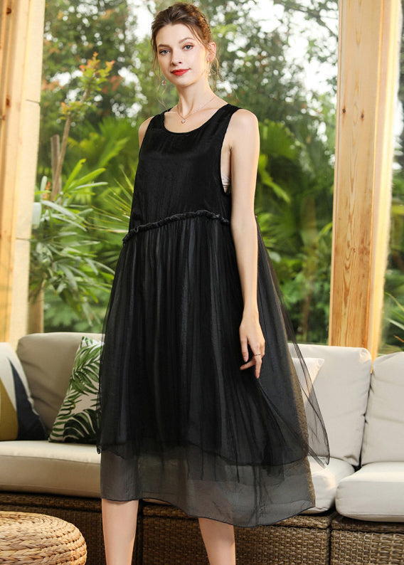 Elegant Black O-Neck Patchwork Tulle Long Dresses Sleeveless LY0283 - fabuloryshop