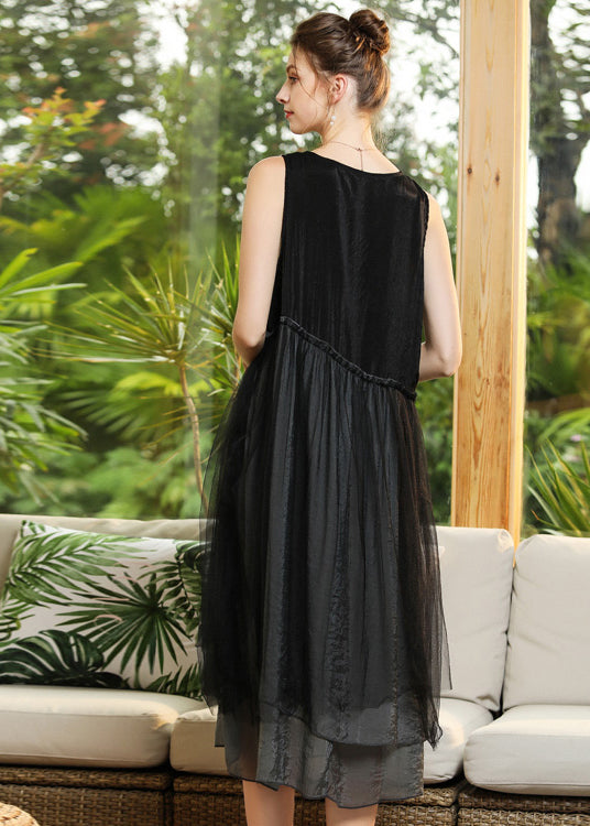 Elegant Black O-Neck Patchwork Tulle Long Dresses Sleeveless LY0283 - fabuloryshop