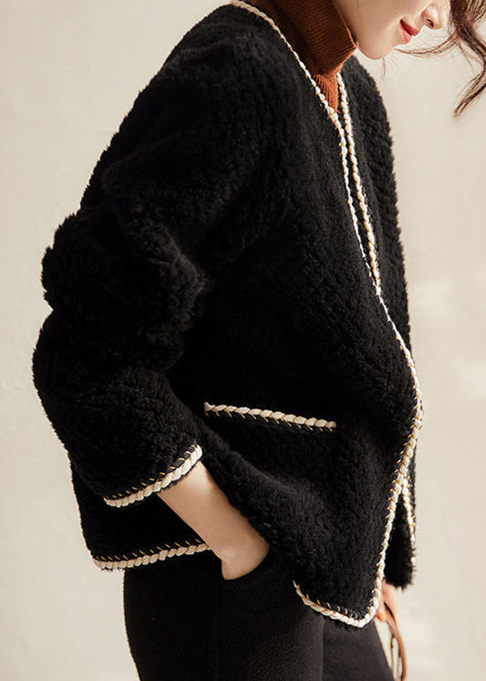 Elegant Black O Neck Pockets Patchwork Wool Coat Winter Ada Fashion