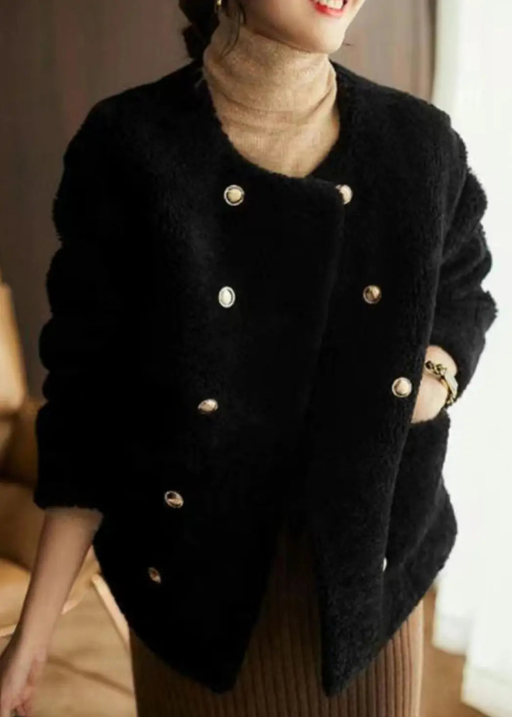 Elegant Black O Neck Pockets Patchwork Wool Coats Winter Ada Fashion