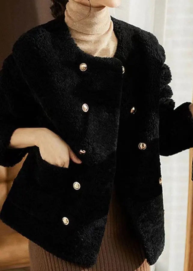 Elegant Black O Neck Pockets Patchwork Wool Coats Winter Ada Fashion