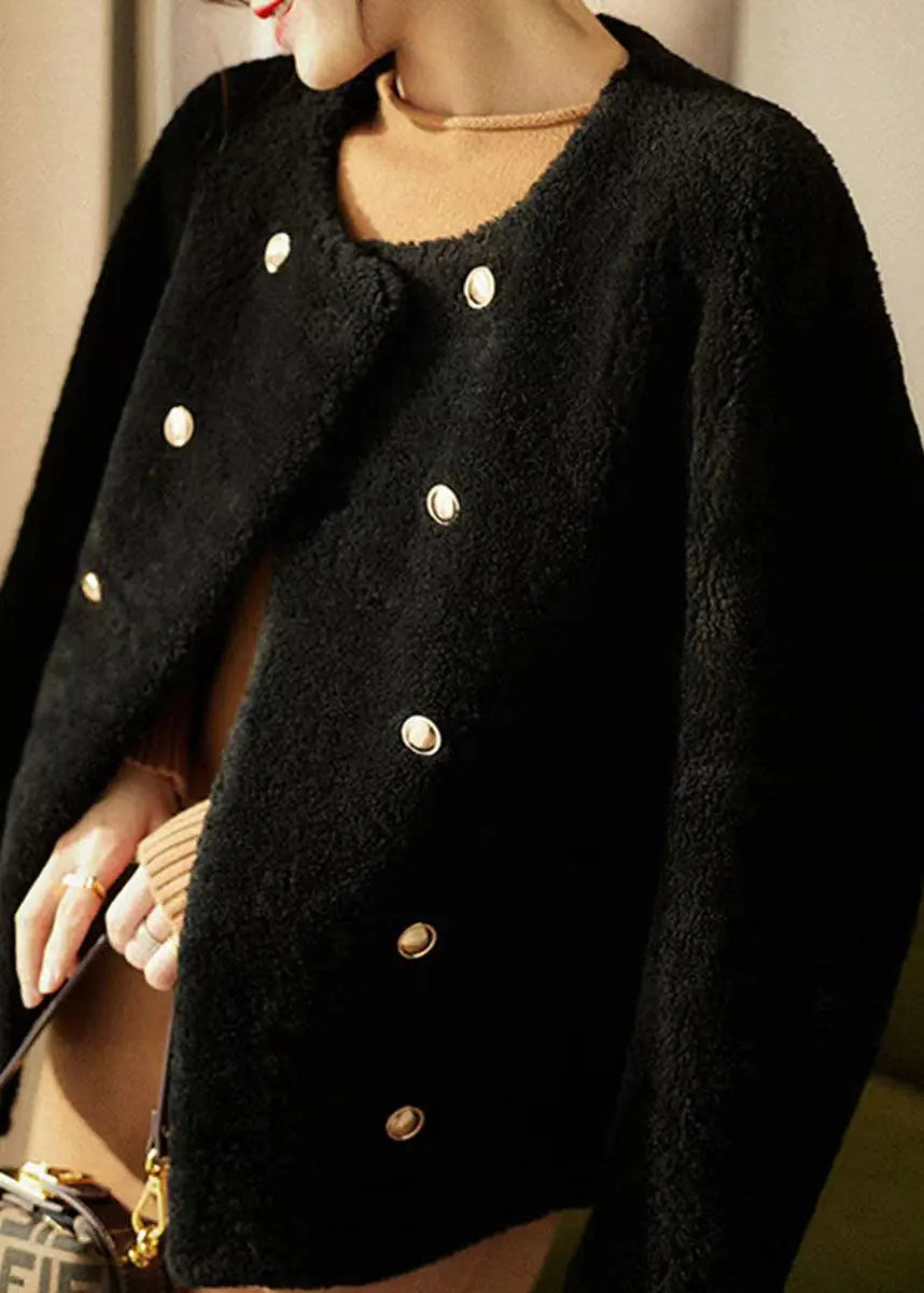 Elegant Black O Neck Pockets Patchwork Wool Coats Winter Ada Fashion