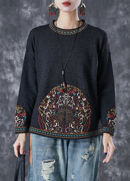 Elegant Black O-Neck Print Cotton Blouses Fall Ada Fashion