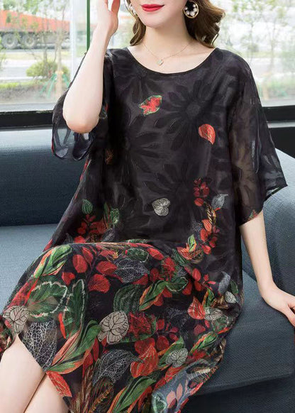 Elegant Black O Neck Print Patchwork Chiffon Mid Dress Summer LY6495 - fabuloryshop